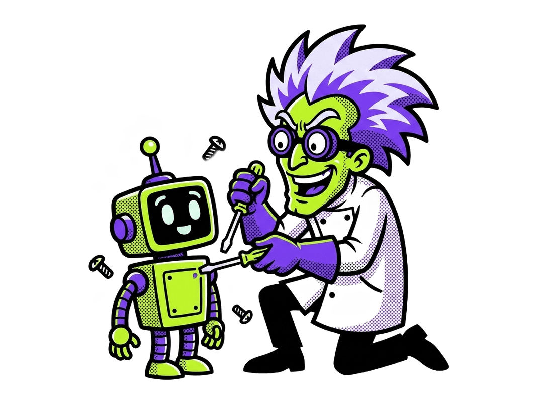 La mascota científica de la academia construyendo su robot ayudante